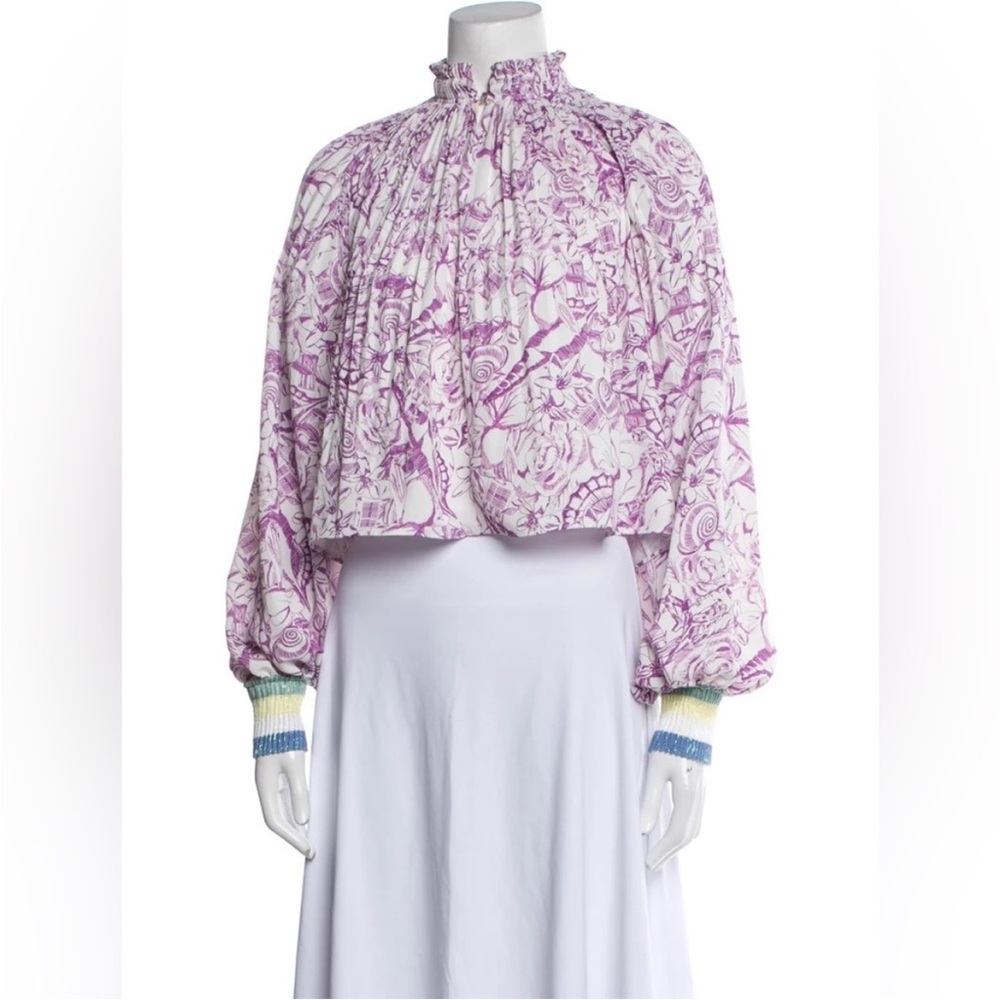 Tibi Top Cropped Plisse Accordion Pleated Lavender Toile Floral Stripe Cuffs S-M